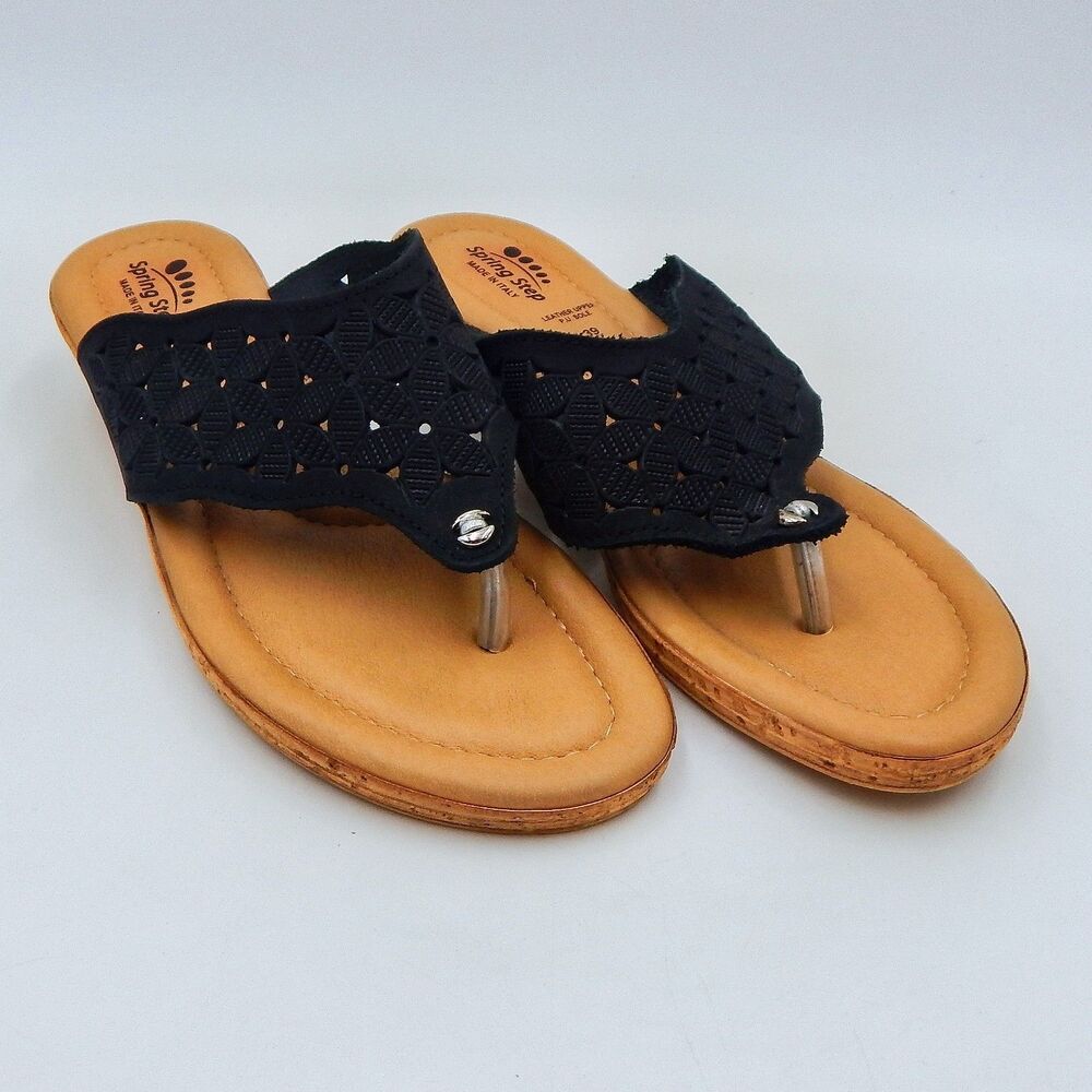 Spring Step Womens Tiffany Black Floral Cutout Leather Thong Sandal Sz 39 (8.5)